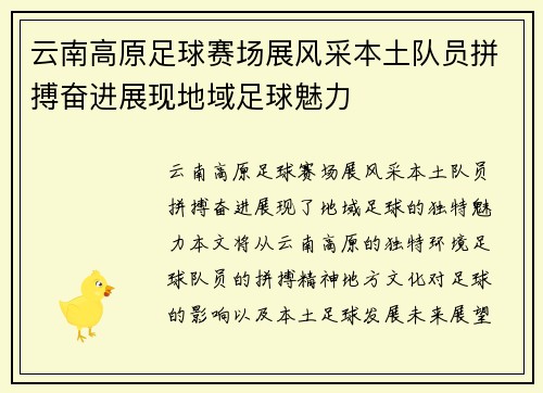 云南高原足球赛场展风采本土队员拼搏奋进展现地域足球魅力