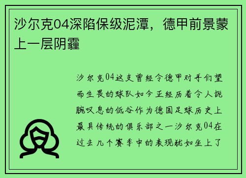 沙尔克04深陷保级泥潭，德甲前景蒙上一层阴霾