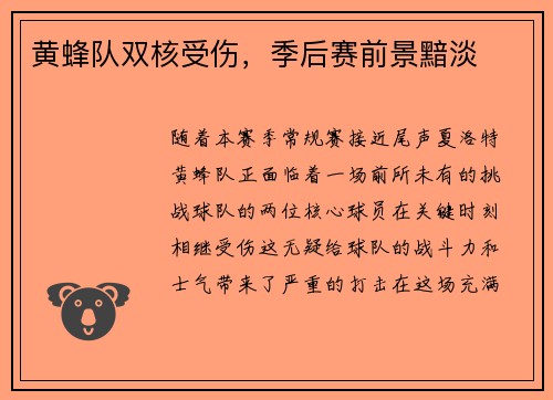 黄蜂队双核受伤，季后赛前景黯淡