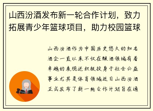 山西汾酒发布新一轮合作计划，致力拓展青少年篮球项目，助力校园篮球发展