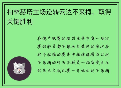 柏林赫塔主场逆转云达不来梅，取得关键胜利