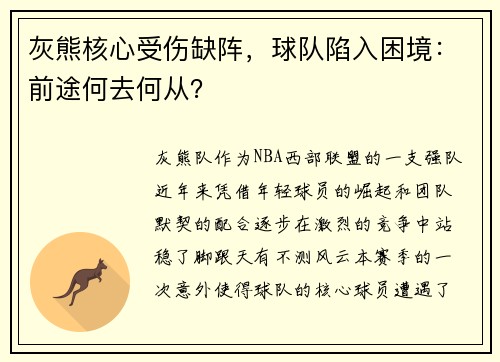 灰熊核心受伤缺阵，球队陷入困境：前途何去何从？
