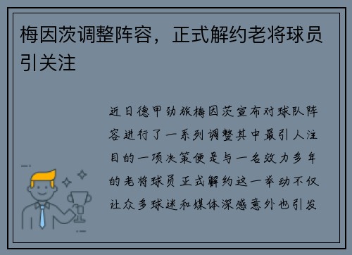 梅因茨调整阵容，正式解约老将球员引关注