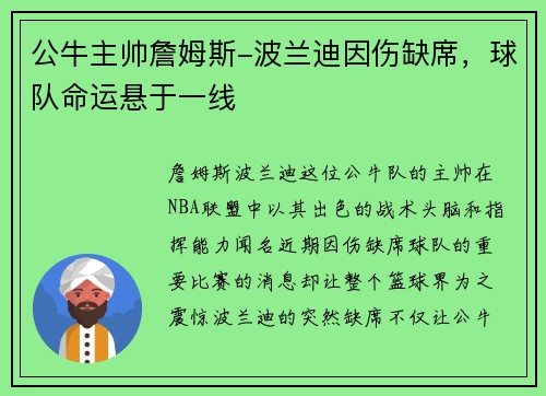 公牛主帅詹姆斯-波兰迪因伤缺席，球队命运悬于一线