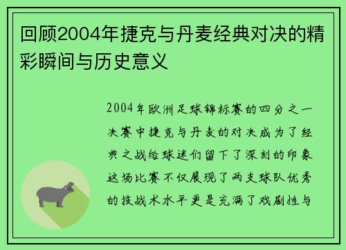 回顾2004年捷克与丹麦经典对决的精彩瞬间与历史意义