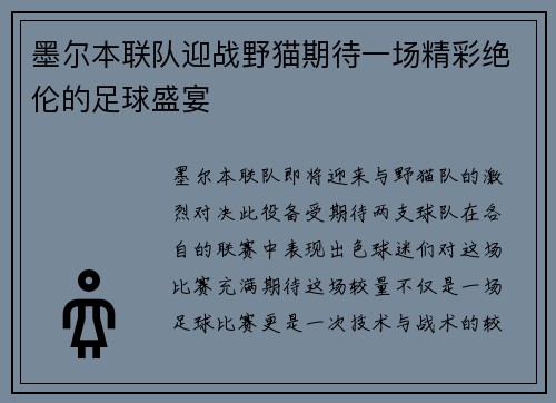 墨尔本联队迎战野猫期待一场精彩绝伦的足球盛宴