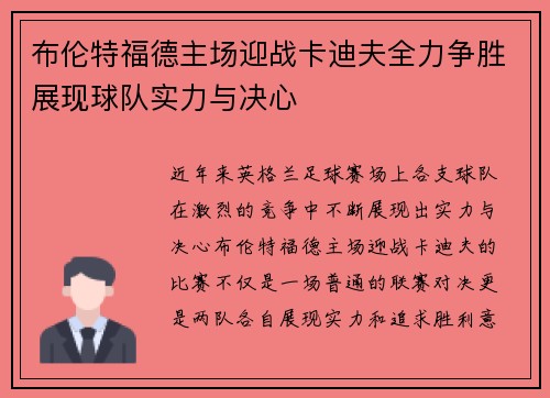 布伦特福德主场迎战卡迪夫全力争胜展现球队实力与决心