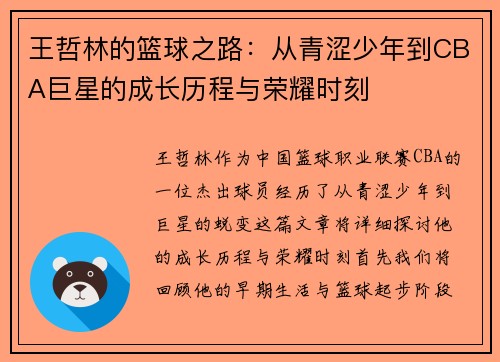 王哲林的篮球之路：从青涩少年到CBA巨星的成长历程与荣耀时刻