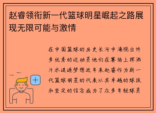 赵睿领衔新一代篮球明星崛起之路展现无限可能与激情