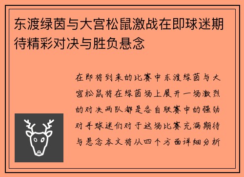 东渡绿茵与大宫松鼠激战在即球迷期待精彩对决与胜负悬念