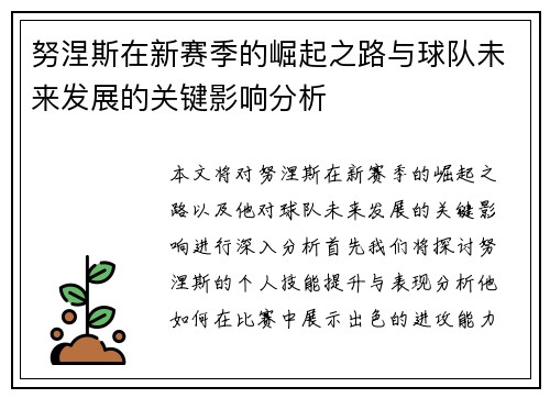 努涅斯在新赛季的崛起之路与球队未来发展的关键影响分析