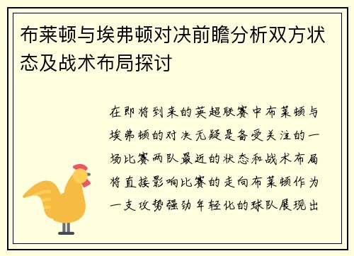 布莱顿与埃弗顿对决前瞻分析双方状态及战术布局探讨