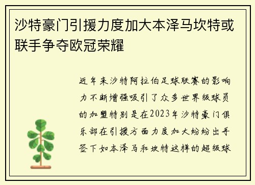 沙特豪门引援力度加大本泽马坎特或联手争夺欧冠荣耀