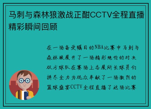 马刺与森林狼激战正酣CCTV全程直播精彩瞬间回顾