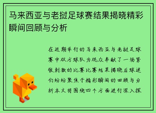 马来西亚与老挝足球赛结果揭晓精彩瞬间回顾与分析