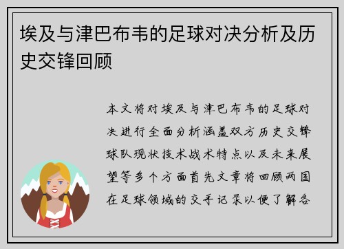 埃及与津巴布韦的足球对决分析及历史交锋回顾