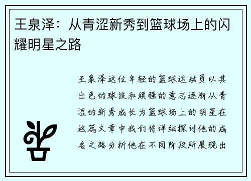 王泉泽：从青涩新秀到篮球场上的闪耀明星之路