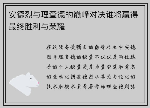 安德烈与理查德的巅峰对决谁将赢得最终胜利与荣耀