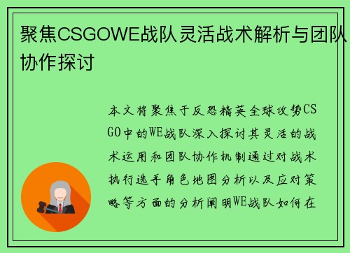 聚焦CSGOWE战队灵活战术解析与团队协作探讨