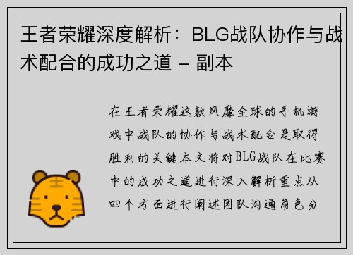 王者荣耀深度解析：BLG战队协作与战术配合的成功之道 - 副本